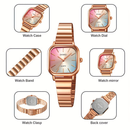 Women's Watch Fashion Square Pointer Quartz Watch Color Block Dial Analog WR Stainless Steel Wrist Watch - NEXTRENDBAHRAIN