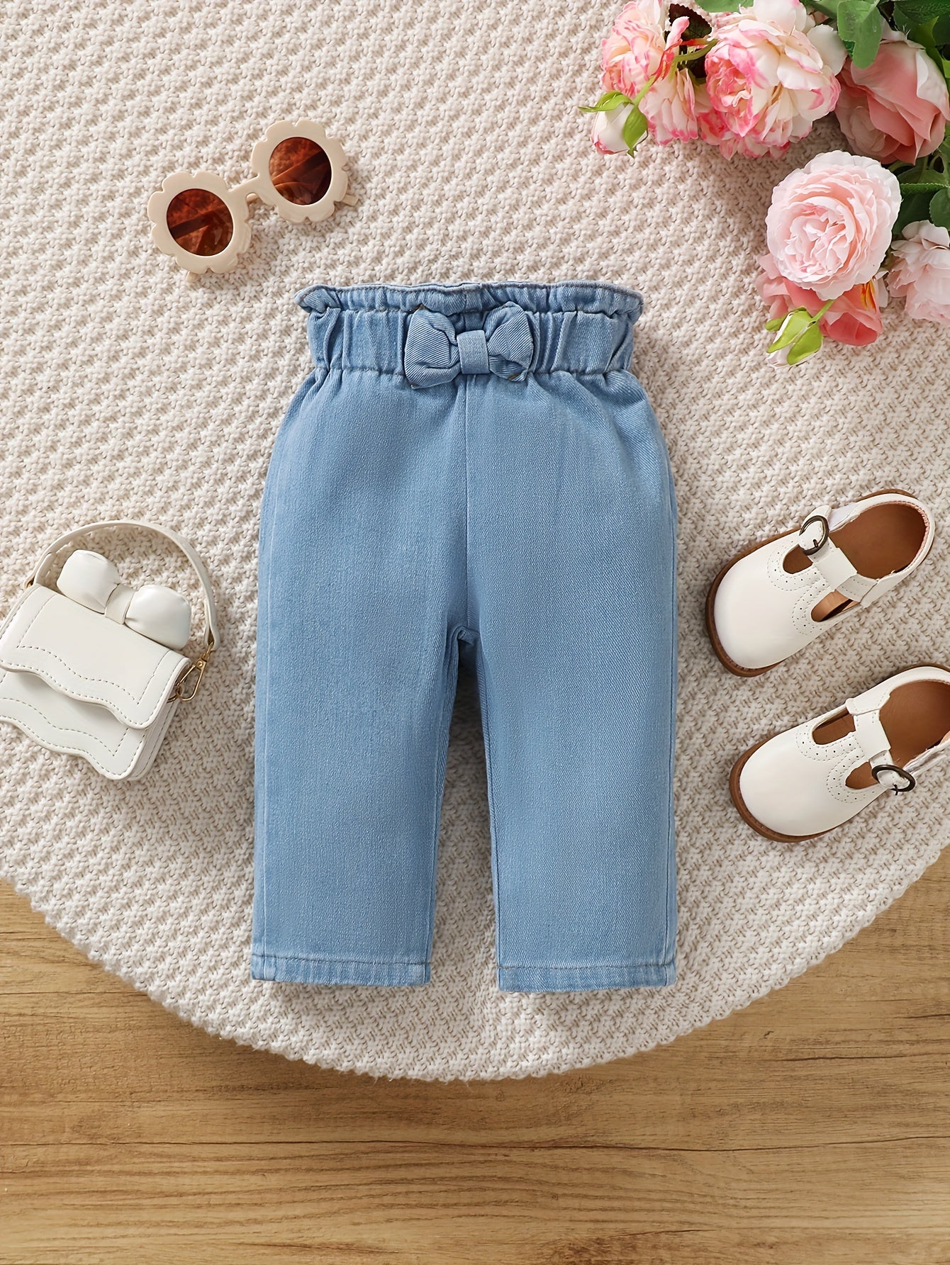 Baby's Casual Bowknot Decor Jeans, Elastic Waist Denim Pants, Toddler & Infant Girl's Clothing - NEXTRENDBAHRAIN