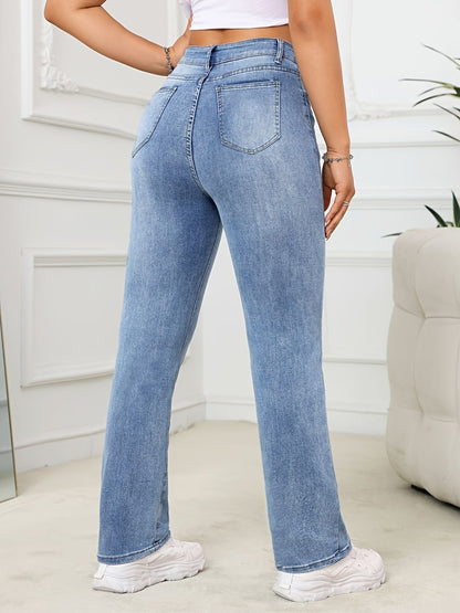 Women's High-Waist Stretch Jeans, Slim Fit Straight-Leg Denim Pants, Elegant Style, Versatile Blue, Casual Long Trousers NEXTRENDBAHRAIN