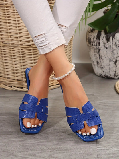 Women's Solid Color Slide Sandals, Casual Square Toe Flat Summer Shoes, Lightweight Slide Sandals - NEXTRENDBAHRAIN