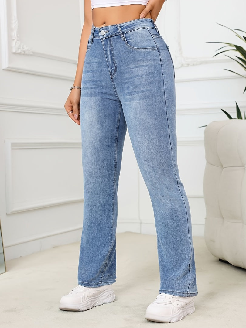 Women's High-Waist Stretch Jeans, Slim Fit Straight-Leg Denim Pants, Elegant Style, Versatile Blue, Casual Long Trousers NEXTRENDBAHRAIN