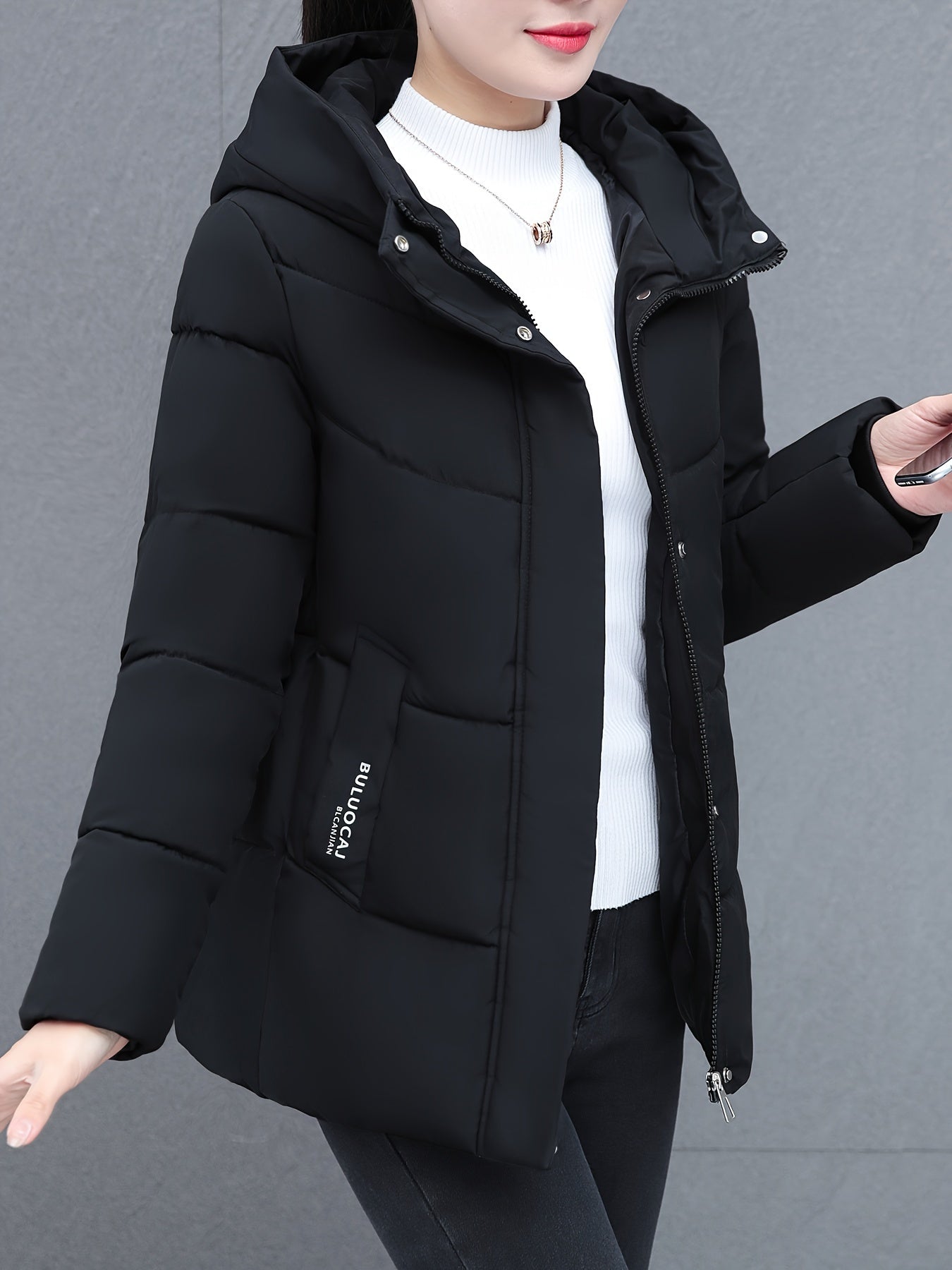 1pc Women'S Casual Style Winter Coat, Geometric Pattern Hooded Cotton Jacket, Long Sleeve, Mid-Length, Non-Stretch Polyester Fabric, No Waist Belt, Non-Waterproof with Pockets NEXTRENDBAHRAIN