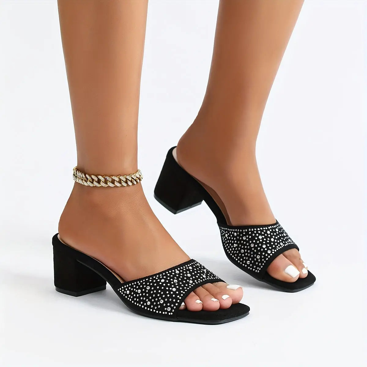 Women's Chunky Heeled Sandals, Rhinestone Decor Square Open Toe Slip On Heels, Fashion Going Out Vacation Party Shoes - NEXTRENDBAHRAIN