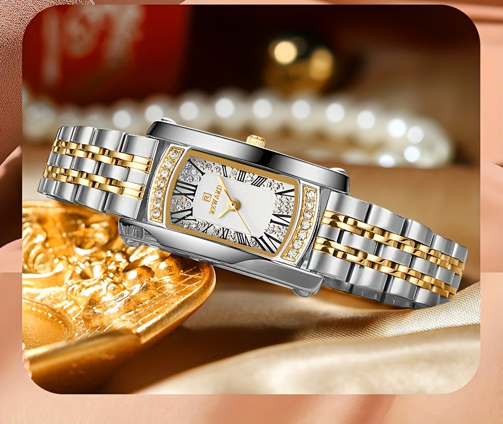 Elegant Golden-Tone Women's Watch - Luxury Retro Rectangle Design with Rhinestone Accents, Stainless Steel Band, Japanese Quartz Movement - NEXTRENDBAHRAIN