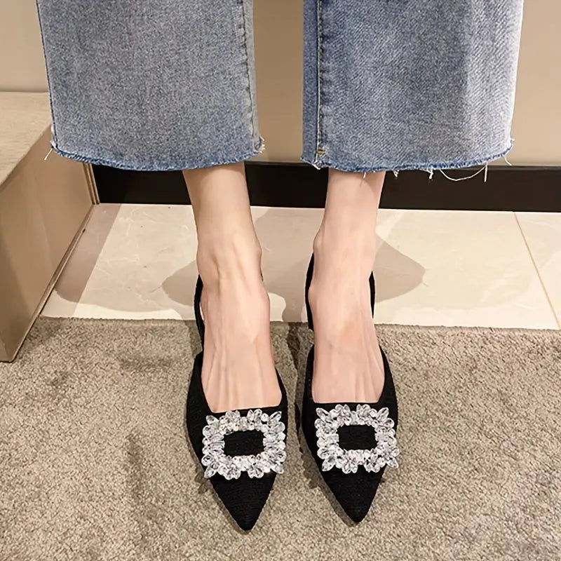 Women's Rhinestone Buckle Decor Low Heel Sandals, Fashion Point Toe Dress Pumps, Stylish Ankle Strap Slingback Heels - NEXTRENDBAHRAIN