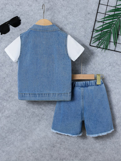 3Pcs Boy's Casual Solid White Short Sleeve T-shirt & Vintage Denim Lapel Sleeveless Vest & Denim Shorts Set, Comfy Summer Boys Clothing - NEXTRENDBAHRAIN