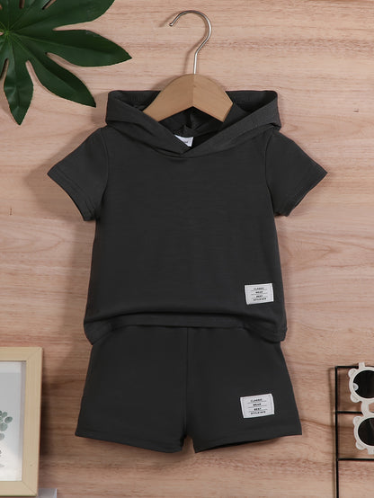 2pcs Baby Boy's Letter Patched Summer Set, Short Sleeve Hooded T-shirt & Casual Shorts - NEXTRENDBAHRAIN