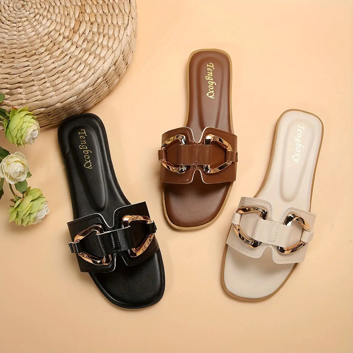 Women's Metallic Buckle Decor Slides, Fashionable Square Open Toe Summer Shoes, Casual Beach Flat Slides - NEXTRENDBAHRAIN