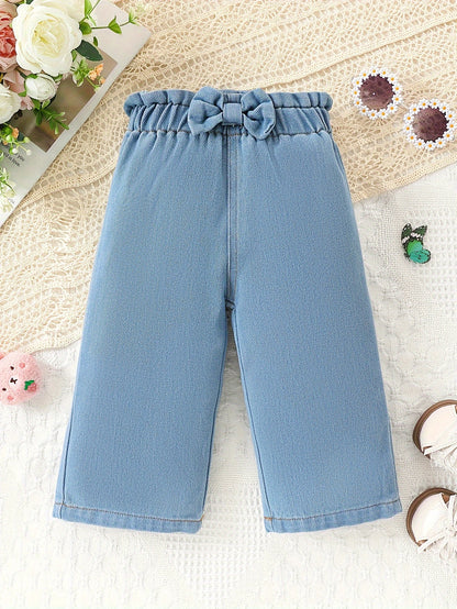 Baby's Trendy Bow Decor Jeans, Elastic Waist Denim Wide Leg Pants, Toddler & Infant Girl's Clothing - NEXTRENDBAHRAIN