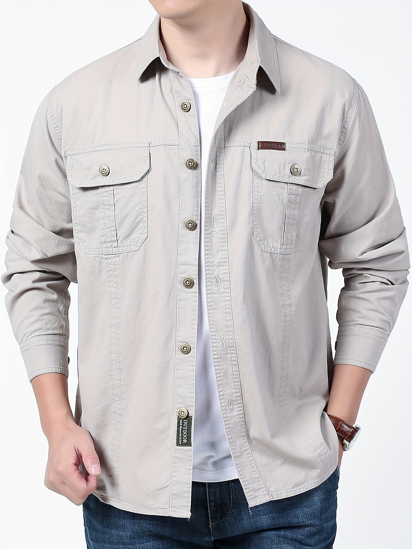 Cotton Comfy Solid Men's Cargo Style Long Sleeve Button Down Shirt With Flap Pockets, Spring Fall Thin Shirt Jacket NEXTRENDBAHRAIN