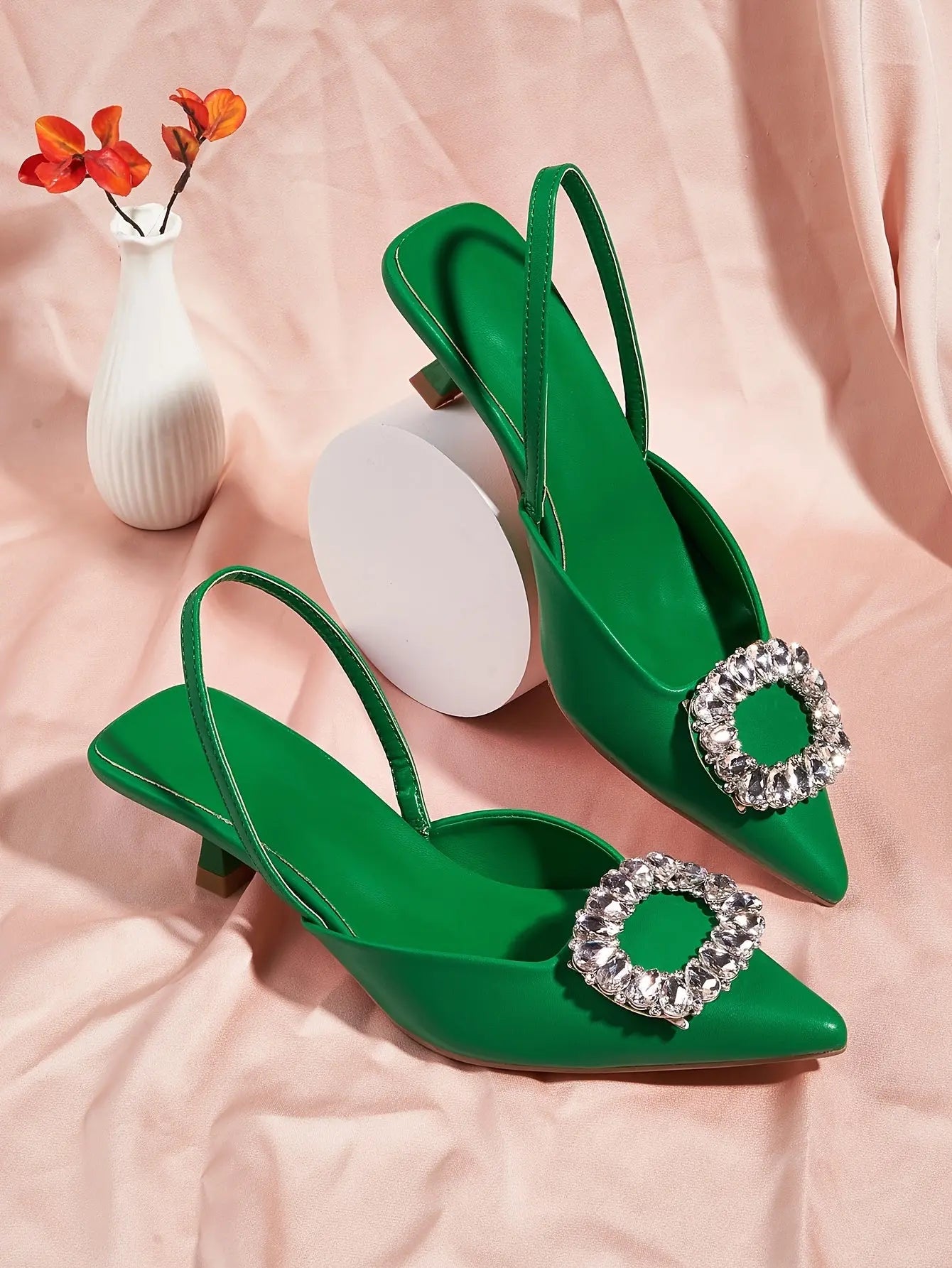 Women's Rhinestone Buckle Decor Stiletto Heels, Fashion Point Toe Dress Pumps, Stylish Ankles Trap Slingback Heels - NEXTRENDBAHRAIN