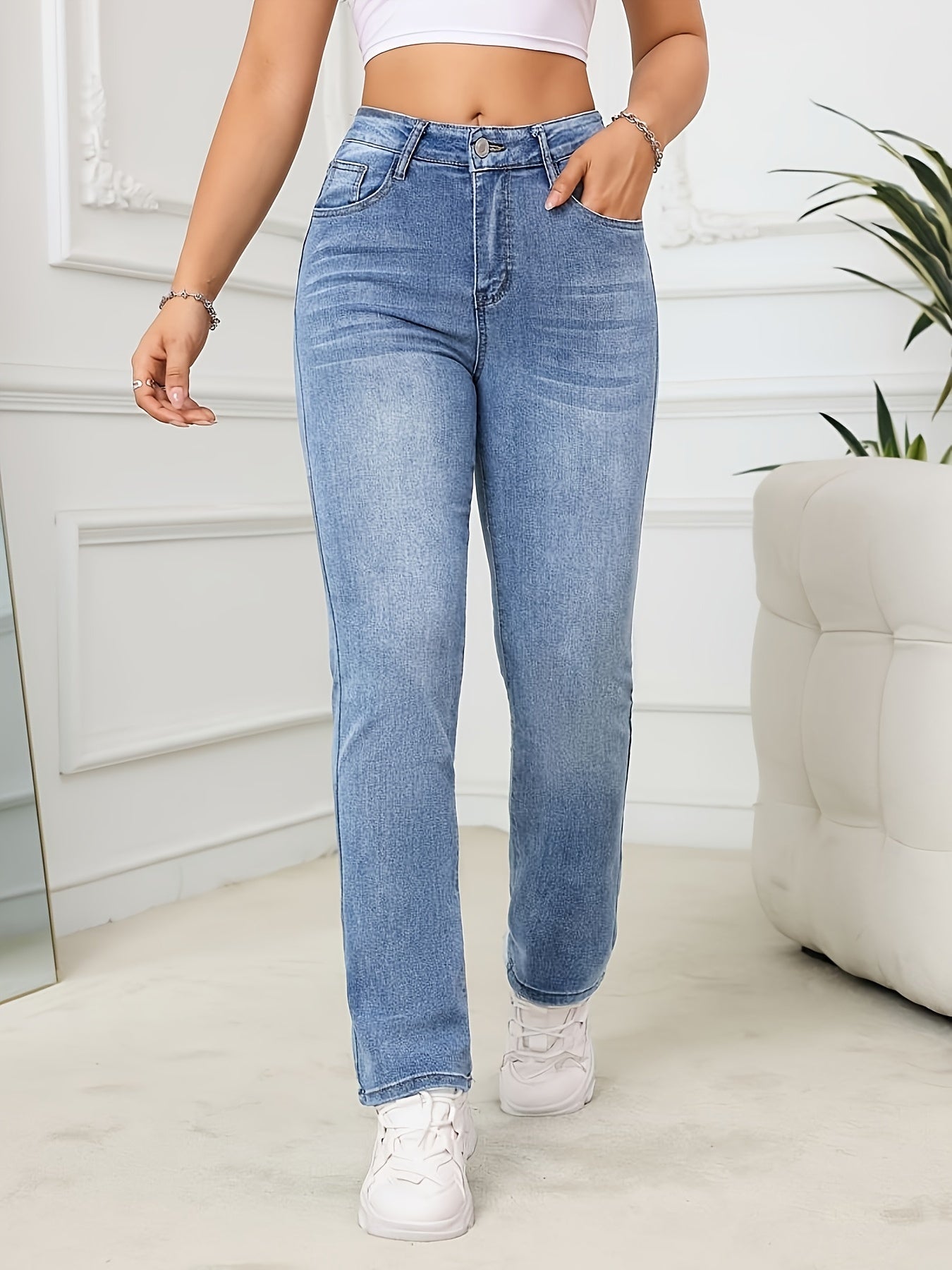 Women's High-Waist Stretch Jeans, Slim Fit Straight-Leg Denim Pants, Elegant Style, Versatile Blue, Casual Long Trousers NEXTRENDBAHRAIN