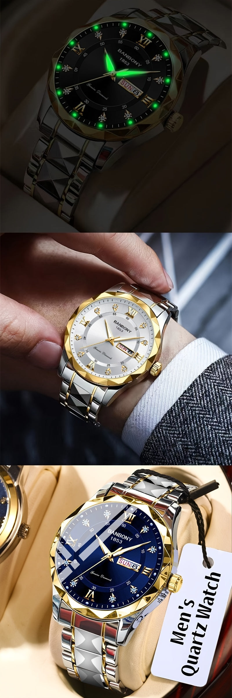 1pc Stainless Steel Strap Men's Roman Numerals Dial Rhinestones Multifunctional Watch, Ideal For Birthday, Holiday Gifts - NEXTRENDBAHRAIN