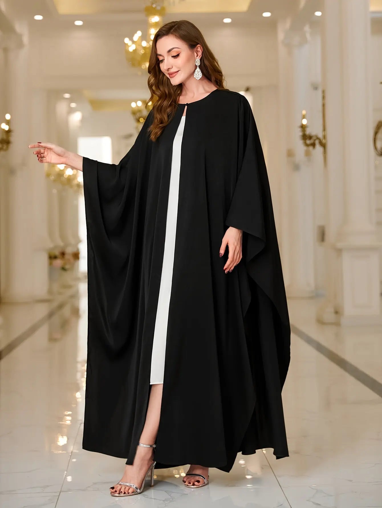 Button Front Batwing Sleeve Modest Dress, Elegant Loose Solid Color Cloak Maxi Muslim Outwear, Women's Clothing NEXTRENDBAHRAIN