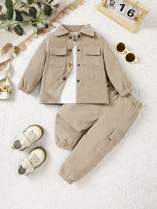 Boys Toddler Corduroy Outfit Set, Long Sleeve Trousers, Casual Polyester, Stretch Fabric, Solid Color, Button Detail, Loose Fit, Woven, for Autumn/Winter Season, For Outdoor NEXTRENDBAHRAIN