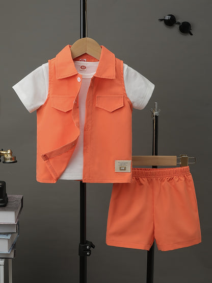 3pcs Infant & Toddler's Summer Set, Short Sleeve T-shirt & Casual Shorts & Sleeveless Vest, Little Boy's Clothes - NEXTRENDBAHRAIN