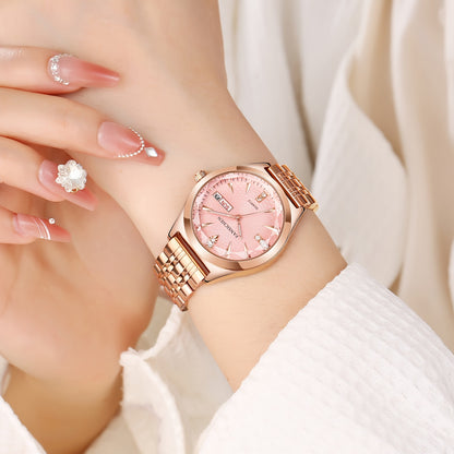 Elegant Women's Watch with Rhinestone Dial - Rose Golden, & Luminous with Calendar Feature, Genuine Faux Leather/Stainless Steel Band - Perfect Gift for Her - NEXTRENDBAHRAIN