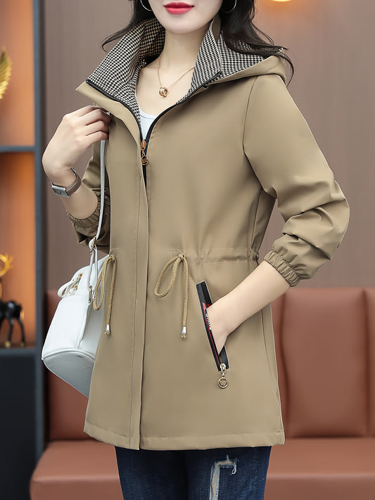 Women'S Casual Plaid Trench Coat with Hood, Zipper Detail, Woven Polyester, Non-Stretch, Open Front Design - Autumn and Spring Fashion Outerwear NEXTRENDBAHRAIN