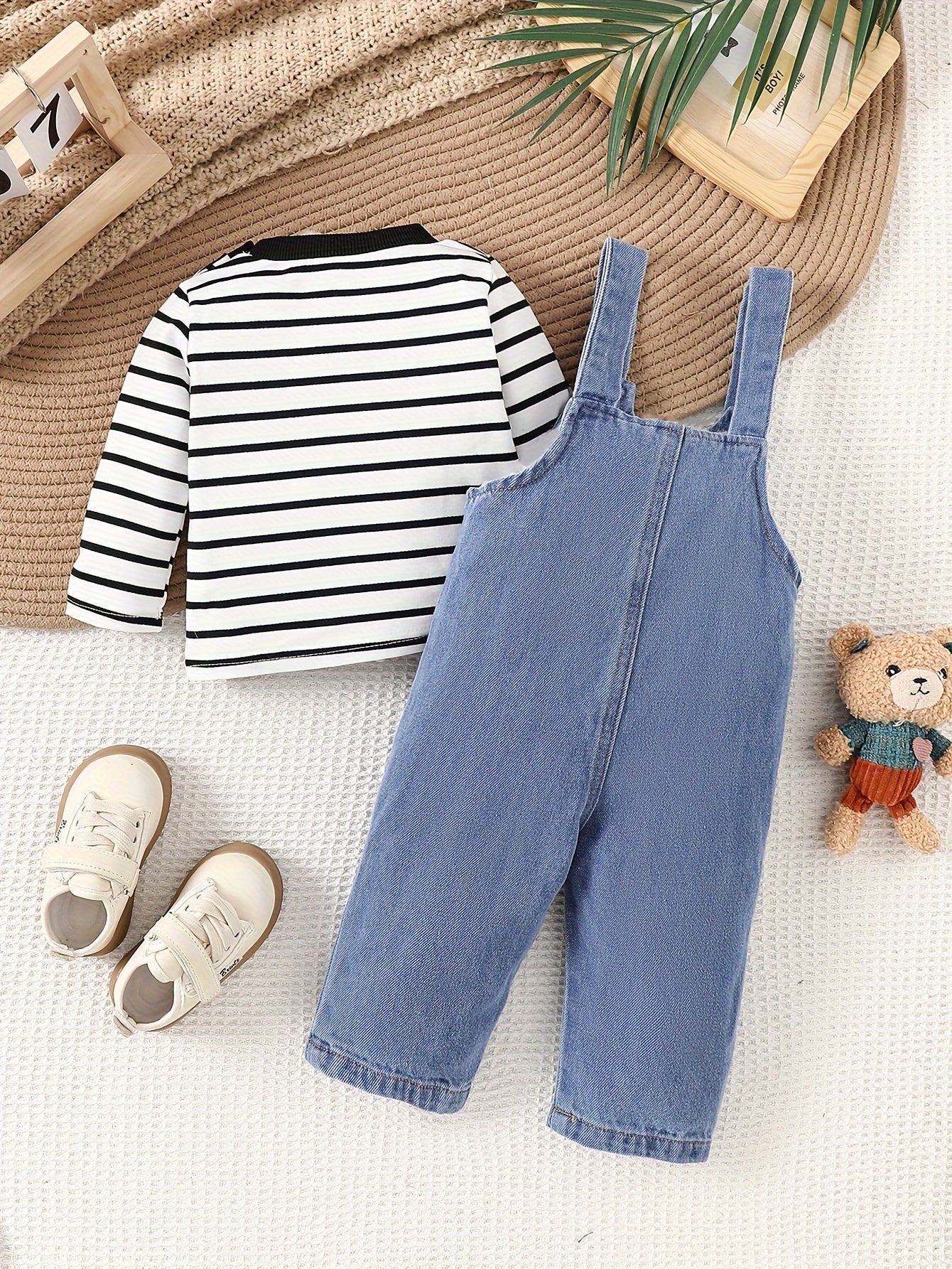 Boy'S Denim Overalls with Striped Long Sleeve Top - Fall/Winter Collection - Cotton Blend, Casual Style, Elastic Fabric, Cartoon Pattern, Button Detail, Long Pants, Regular Fit, Knit (Including Crochet, Woolen Fabric), Polyes - NEXTRENDBAHRAIN