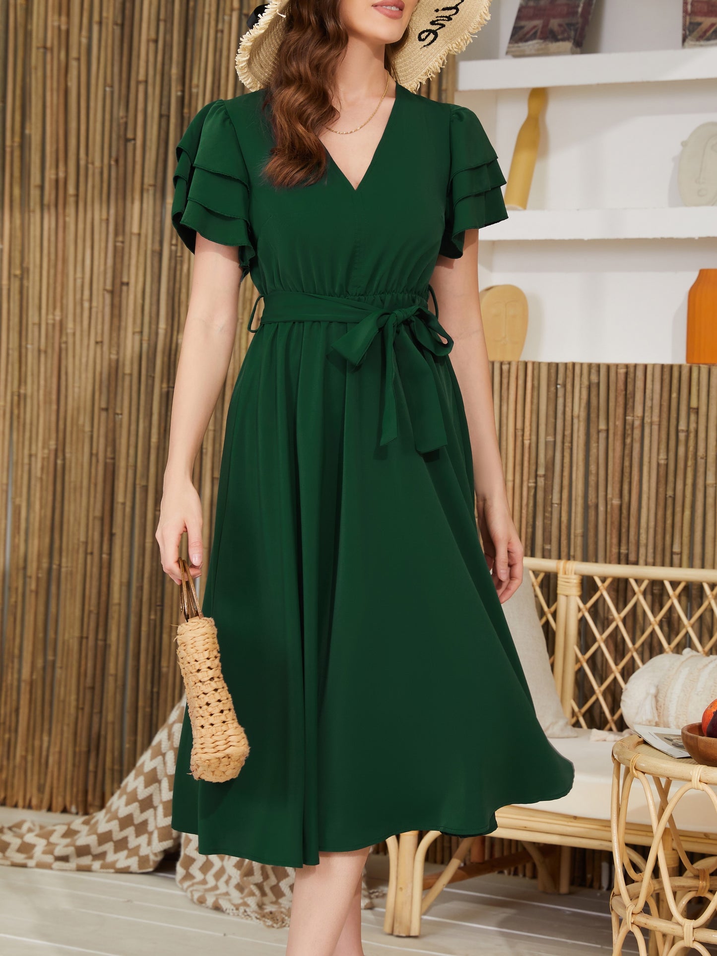 Belted Layered Ruffle Hem Dress, Casual V Neck Short Sleeve Dress, Women's Clothing For Elegant Dressing - NEXTRENDBAHRAIN