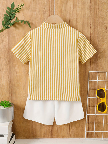 Boys Striped Casual Outfit Short Sleeves Stand Collar Shirt & Shorts Kids Summer Clothes Sets - NEXTRENDBAHRAIN