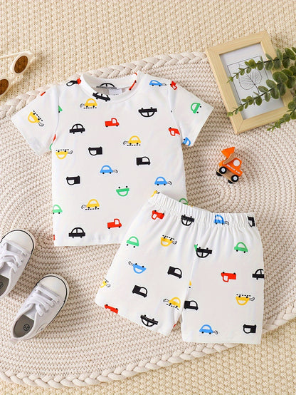 Baby Boys 2-Piece Summer Outfit Set, Fashionable Printed 'Little Truck' Design, Casual Short Sleeve Round Neck T-Shirt And Shorts, Toddler Boys - NEXTRENDBAHRAIN