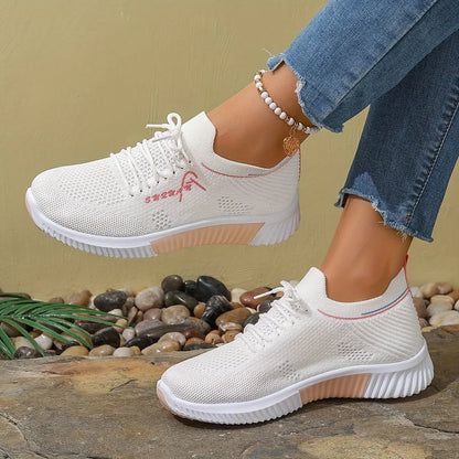 Women's Knitted Running Sneakers, Breathable & Lightweight Low Top Walking Trainers, Comfy Outdoor Sports Shoes - NEXTRENDBAHRAIN