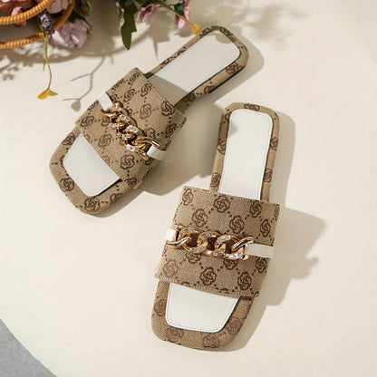 Women's Fashion Slide Sandals With Chain Accents, Comfortable Slip-on Summer Footwear - NEXTRENDBAHRAIN