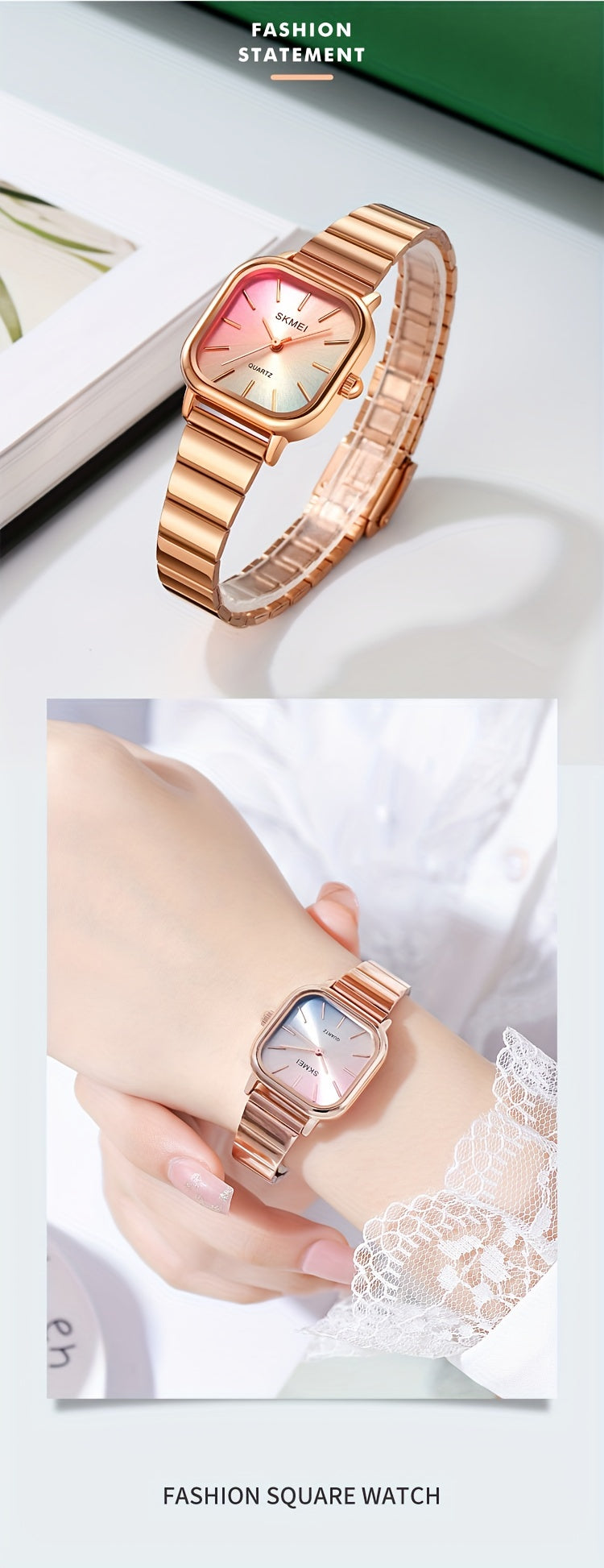 Women's Watch Fashion Square Pointer Quartz Watch Color Block Dial Analog WR Stainless Steel Wrist Watch - NEXTRENDBAHRAIN