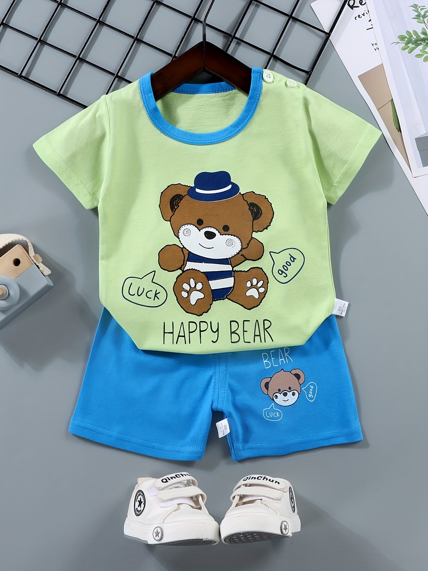 2pcs Boys Casual Cotton Color Block Crocodile Print Short Sleeve Tees & Shorts Set, Summer Kids Outfits - NEXTRENDBAHRAIN