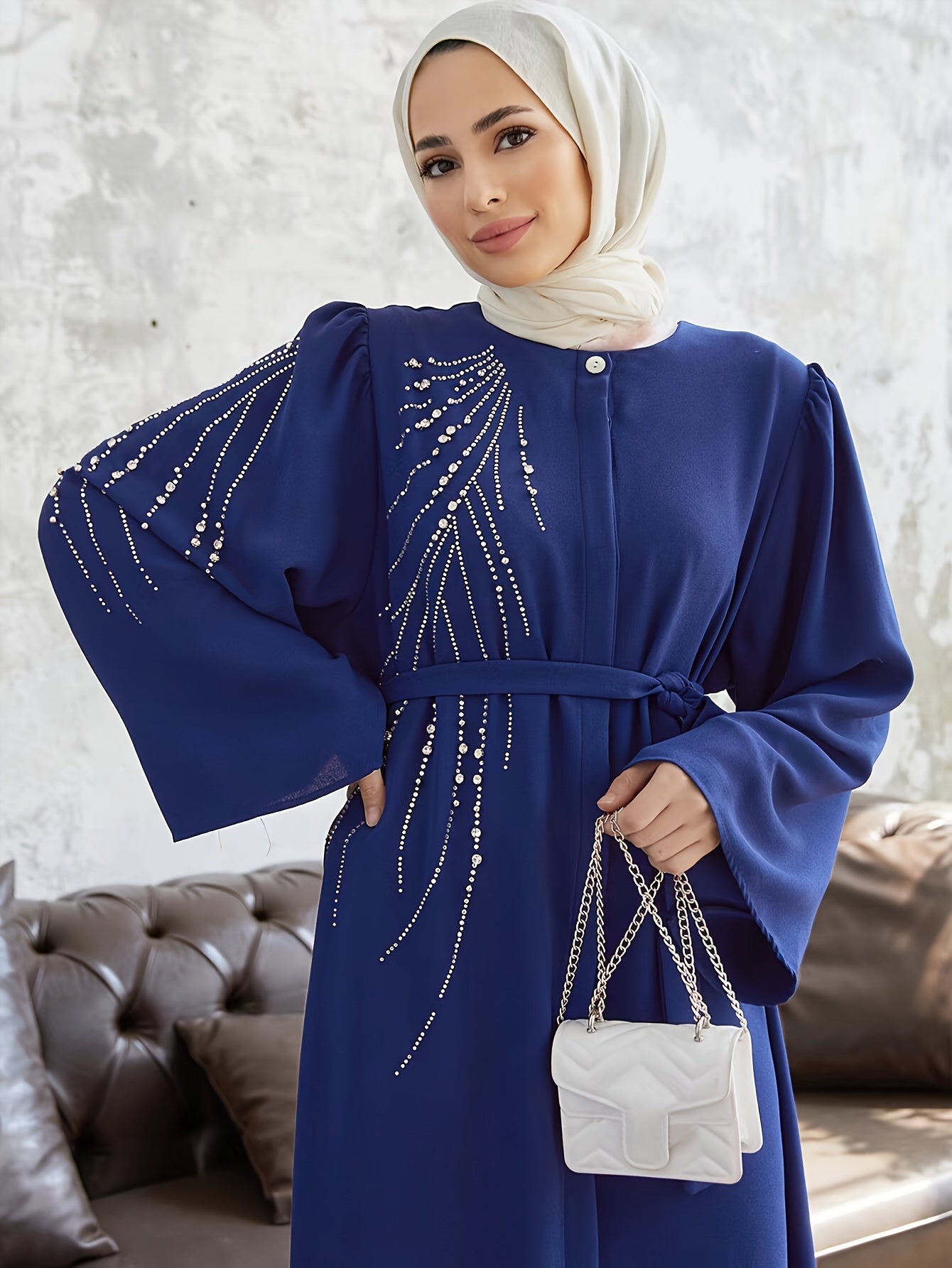 Beaded Tie Waist Modest Dress, Elegant Flare Sleeve Maxi Length Aline Dress, Women's Clothing - NEXTRENDBAHRAIN