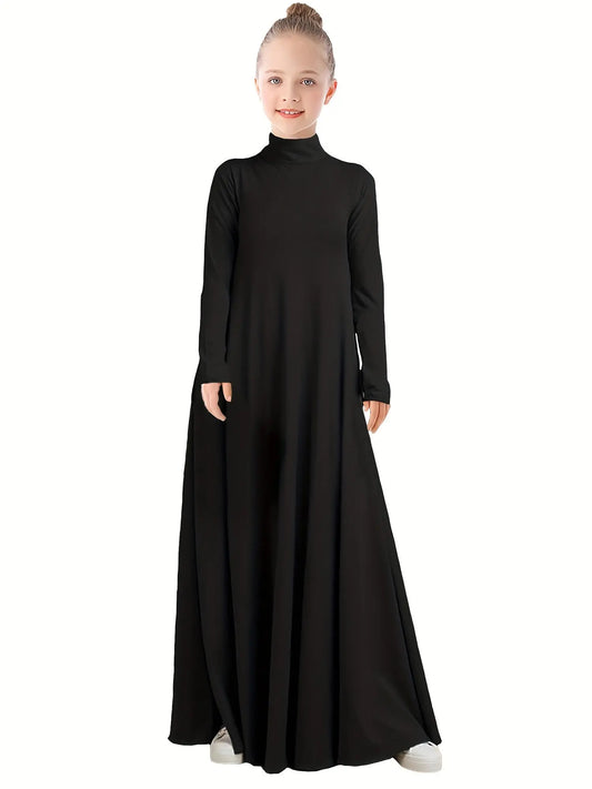 Elegant Girls' Turtleneck Abaya Dress with Hood - Solid Color, Long Sleeve, Machine Washable - Perfect for All Seasons - NEXTRENDBAHRAIN