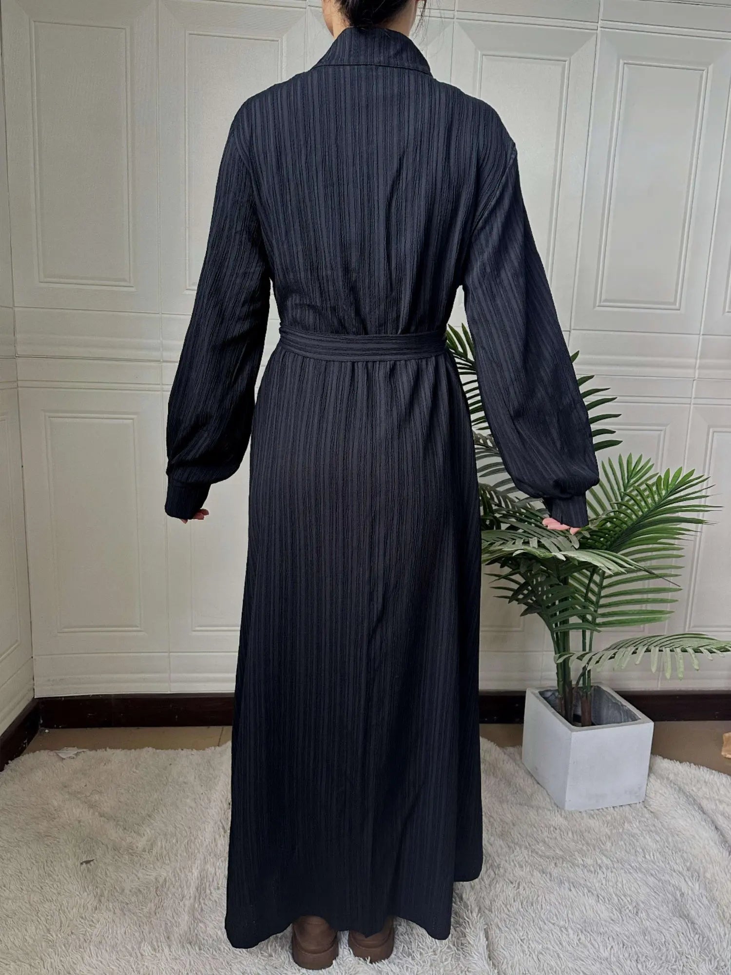 Women's Elegant Solid Color Long Abaya with Belt - Polyester Woven Fabric, Full-Length Robe with Button Closure, Traditional Middle Eastern Style, Suitable for All Seasons - Collection 6322 - NEXTRENDBAHRAIN