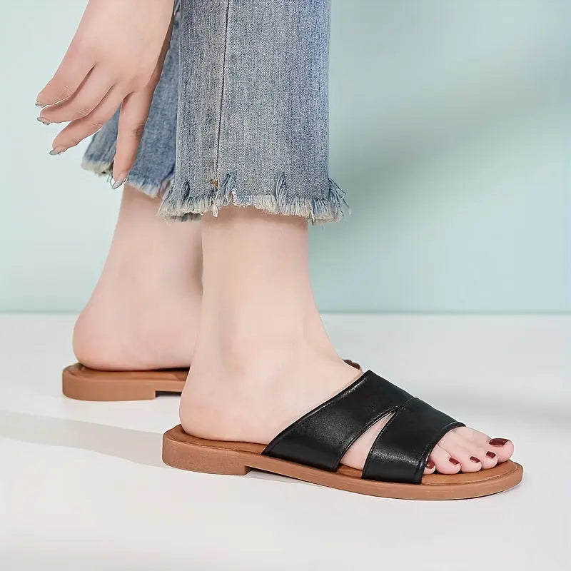 Women's Comfortable Flat Slide Sandals - Casual Open Toe With Ankle Strap, Non-Slip Sole For Summer - NEXTRENDBAHRAIN