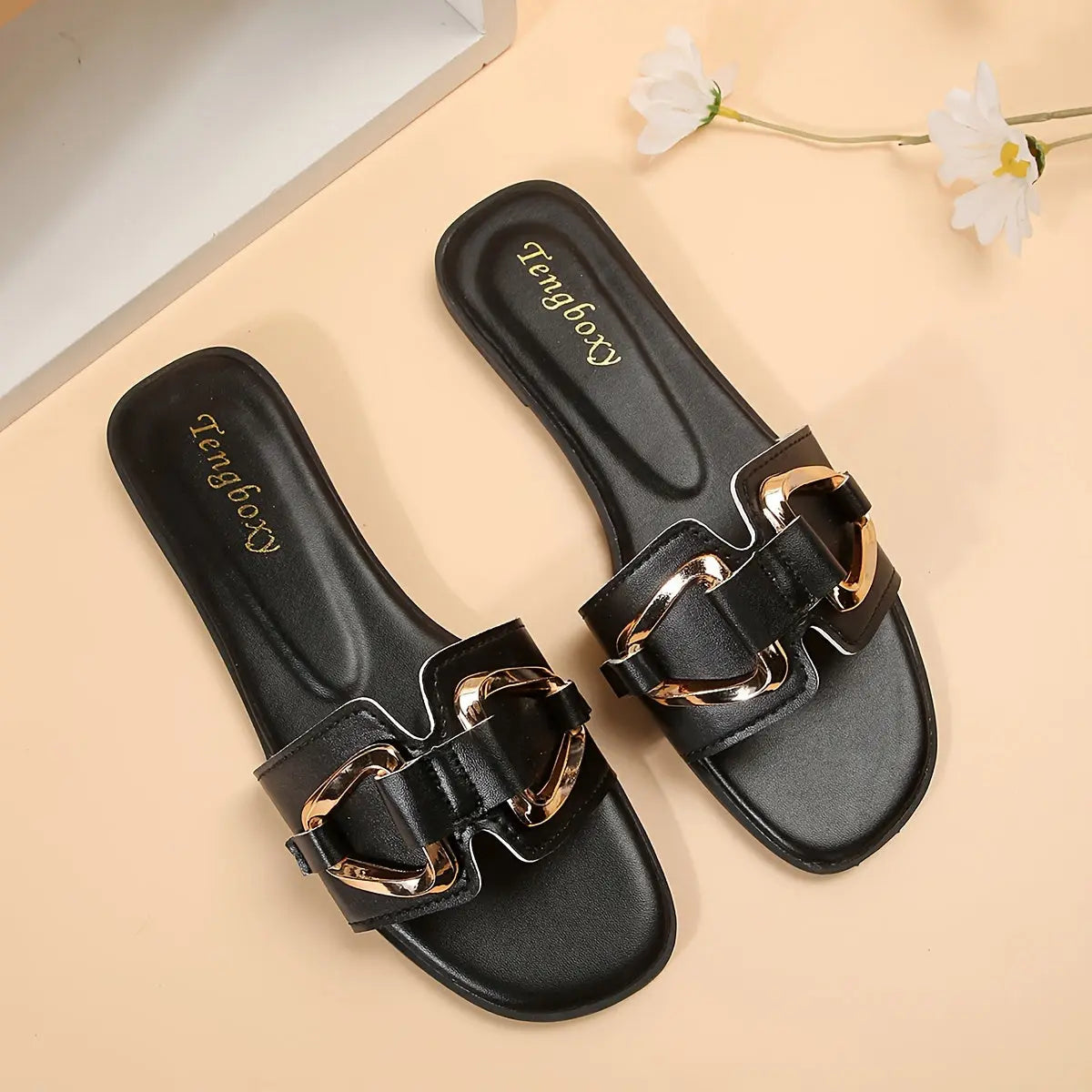 Women's Metallic Buckle Decor Slides, Slip On Lightweight Summer Flats, Solid Color Casual Beach Slides - NEXTRENDBAHRAIN