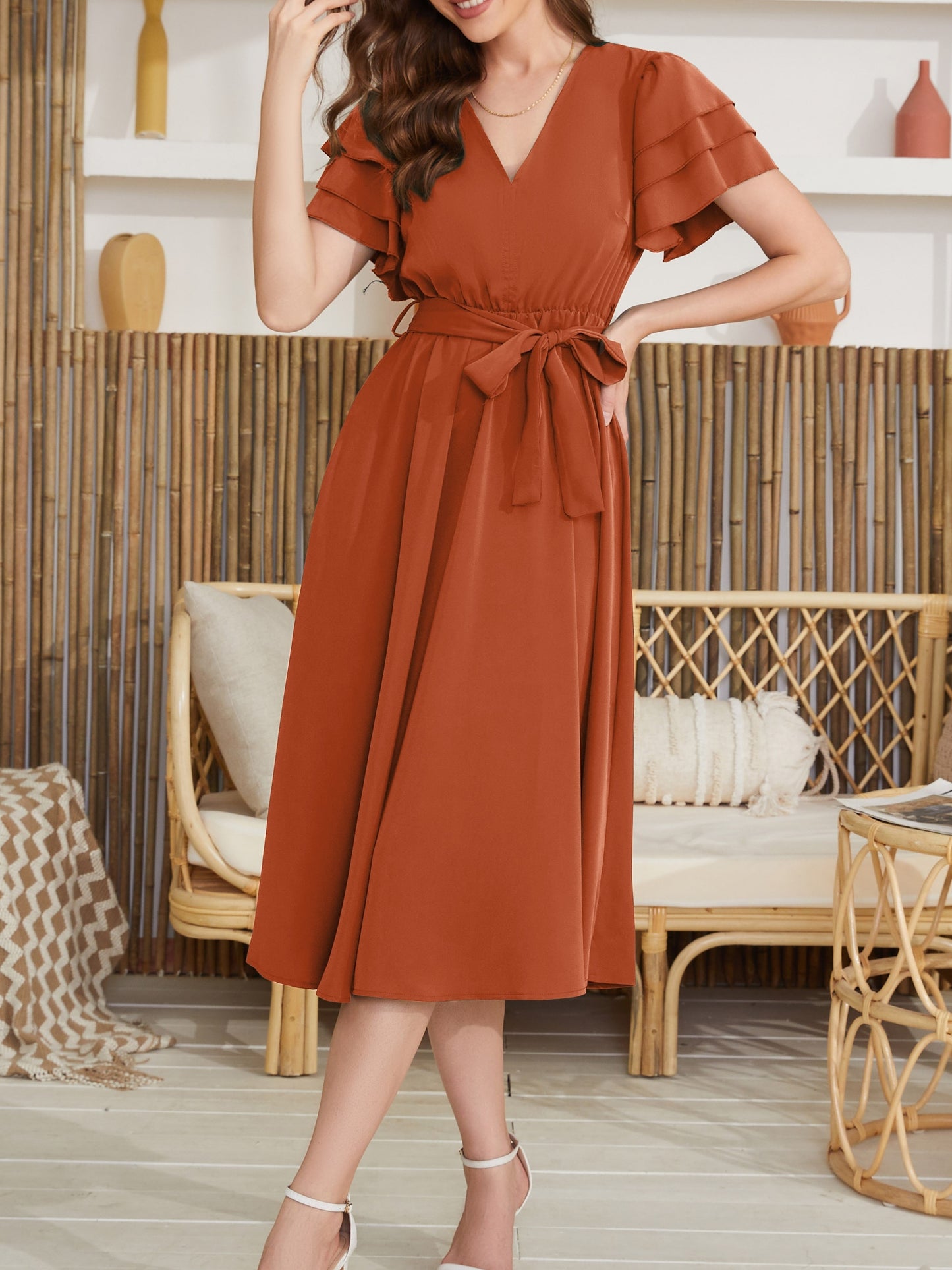 Belted Layered Ruffle Hem Dress, Casual V Neck Short Sleeve Dress, Women's Clothing For Elegant Dressing - NEXTRENDBAHRAIN