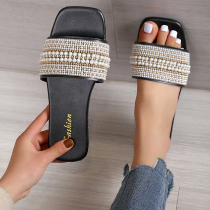 Women's Faux Pearl & Beads Flat Slippers, Fashion Square Open Toe Non Slip Slides, Casual Outdoor Slippers - NEXTRENDBAHRAIN