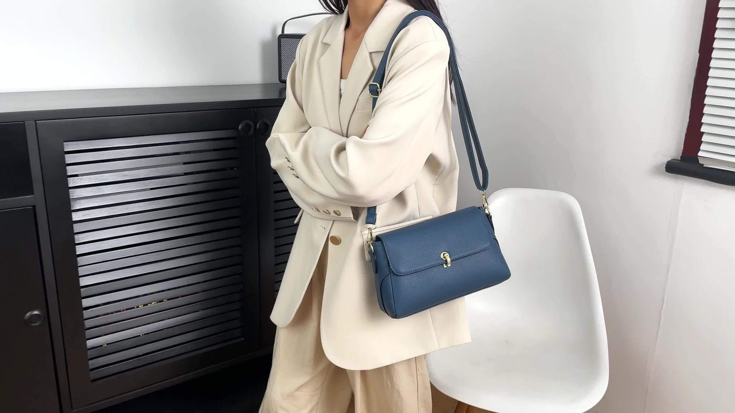 Vintage-Inspired Solid Crossbody Bag for Women with Adjustable Strap, Lightweight PU Leather Messenger Bag with Zipper Closure and Polyester Lining, Baigou-Crafted, Secure Flap-Over Design with Edge Paint Detail - NEXTRENDBAHRAIN