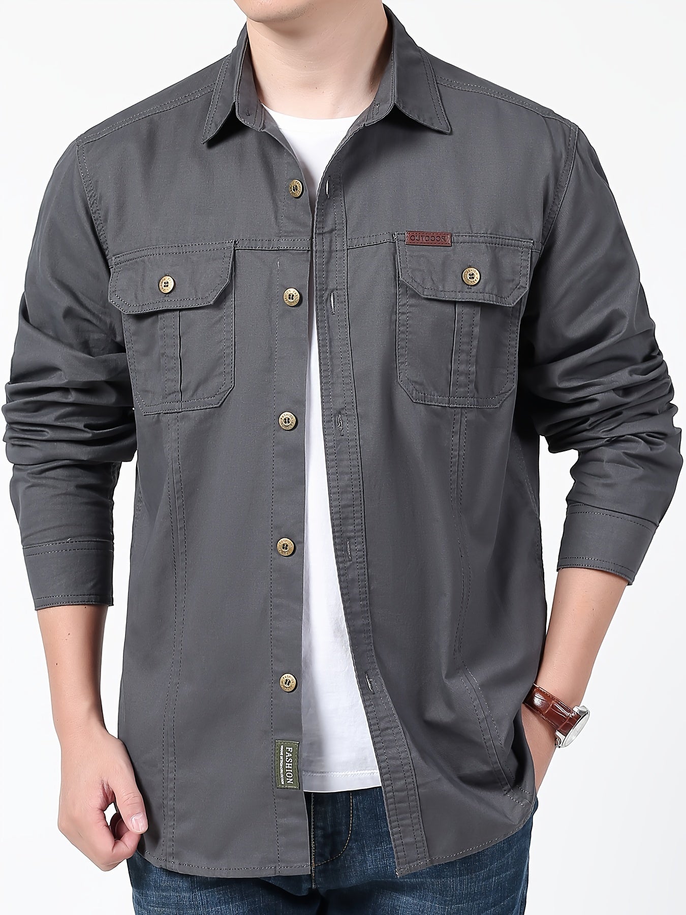 Cotton Comfy Solid Men's Cargo Style Long Sleeve Button Down Shirt With Flap Pockets, Spring Fall Thin Shirt Jacket NEXTRENDBAHRAIN