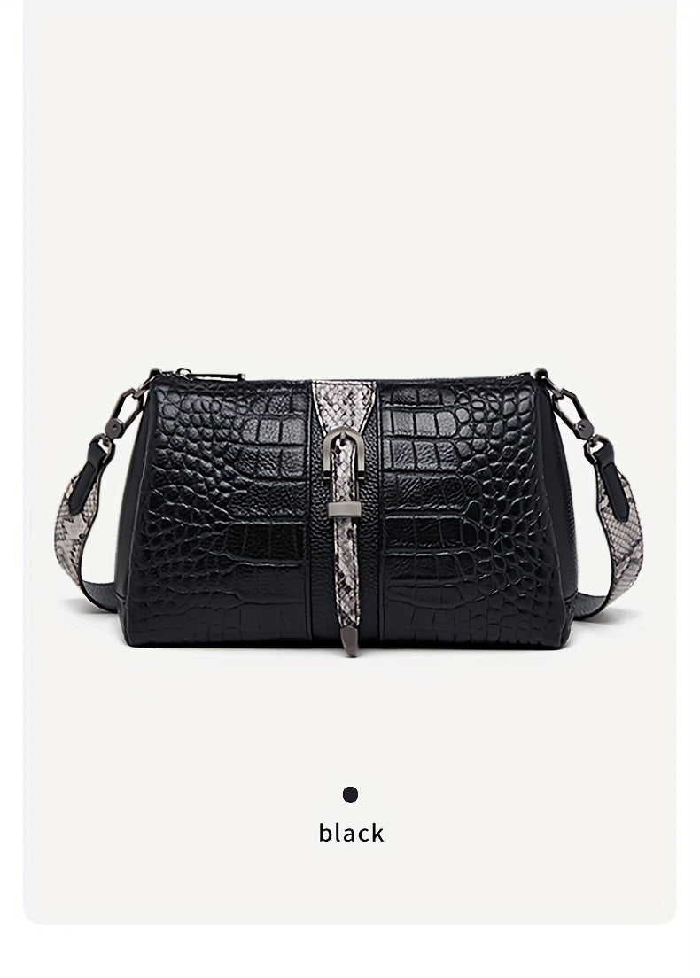 ZOOLER Chic Crocodile-Embossed Faux Leather Crossbody Bag for Women - Fashionable Animal Print Shoulder Purse with Detachable Strap, Zip Closure - NEXTRENDBAHRAIN