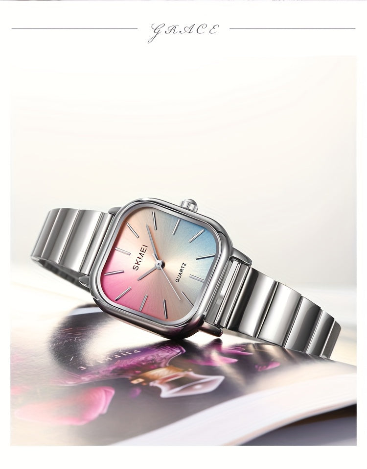 Women's Watch Fashion Square Pointer Quartz Watch Color Block Dial Analog WR Stainless Steel Wrist Watch - NEXTRENDBAHRAIN