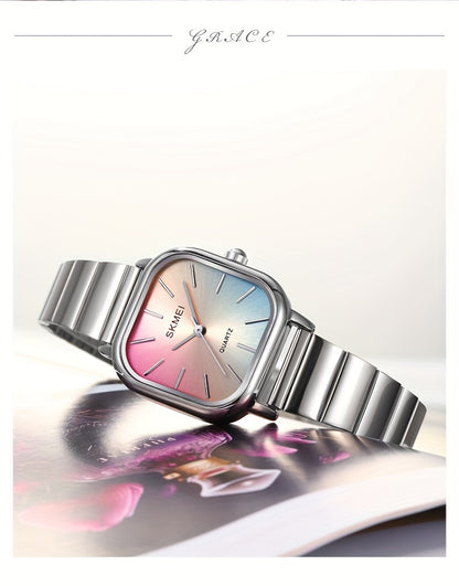 Women's Watch Fashion Square Pointer Quartz Watch Color Block Dial Analog WR Stainless Steel Wrist Watch - NEXTRENDBAHRAIN