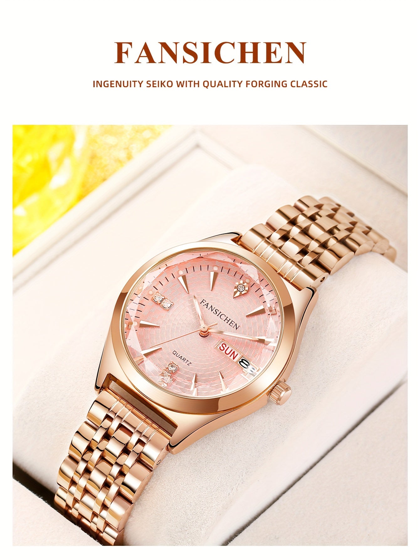 Elegant Women's Watch with Rhinestone Dial - Rose Golden, & Luminous with Calendar Feature, Genuine Faux Leather/Stainless Steel Band - Perfect Gift for Her - NEXTRENDBAHRAIN