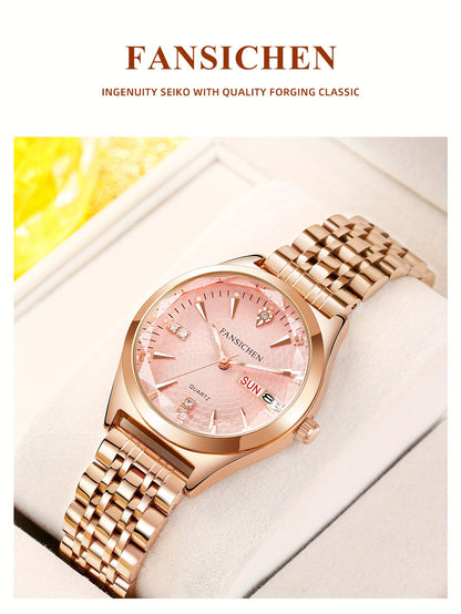 Elegant Women's Watch with Rhinestone Dial - Rose Golden, & Luminous with Calendar Feature, Genuine Faux Leather/Stainless Steel Band - Perfect Gift for Her - NEXTRENDBAHRAIN