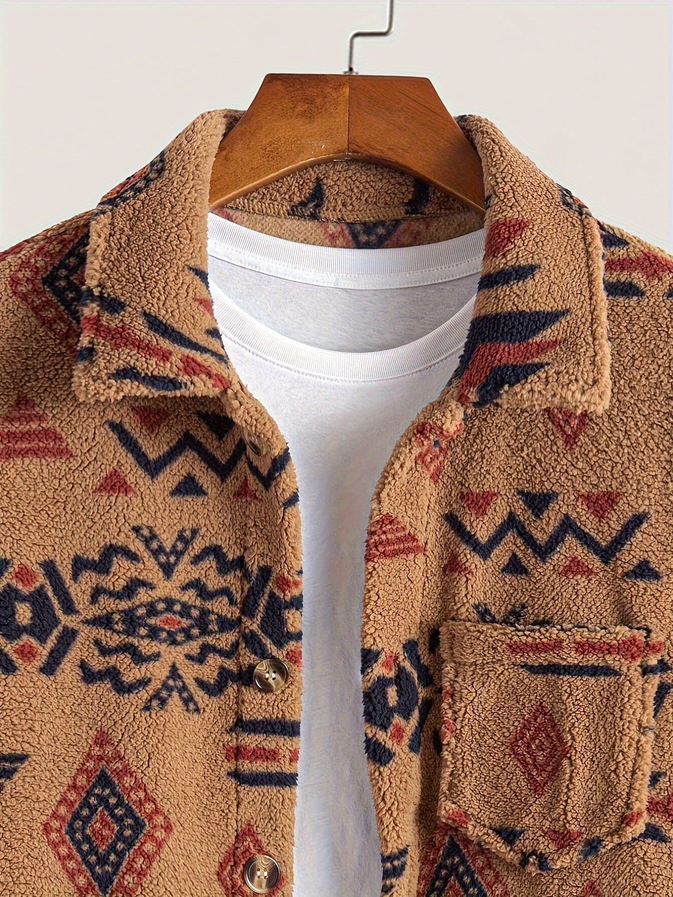 1pc Men's Aztec Pattern Flannel Jacket, Button-Up Long Sleeve Casual Outerwear with Pockets, Regular Fit Knit Fabric, Non-Waterproof, Spring/Autumn Collection NEXTRENDBAHRAIN