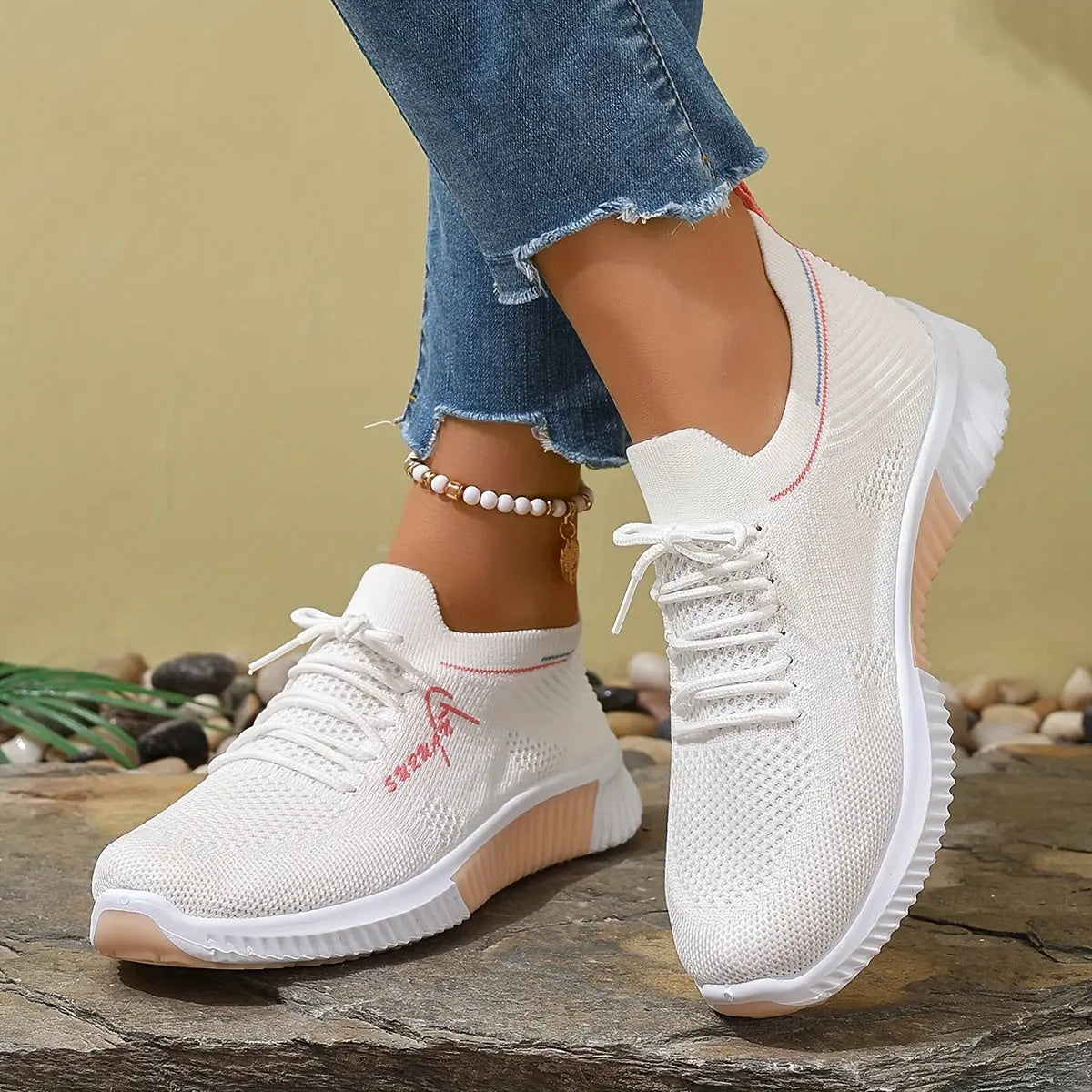 Women's Knitted Running Sneakers, Breathable & Lightweight Low Top Walking Trainers, Comfy Outdoor Sports Shoes - NEXTRENDBAHRAIN