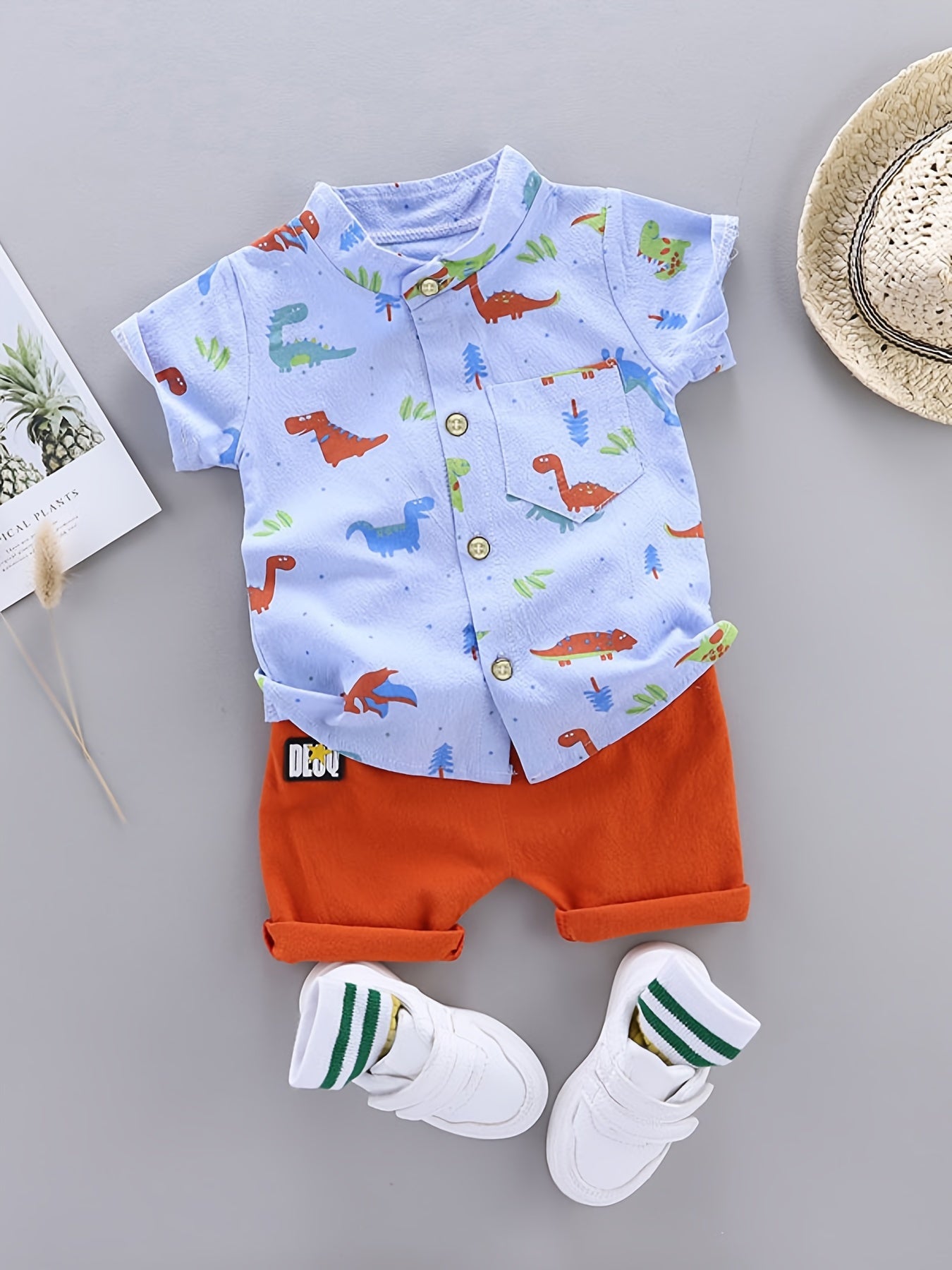 2pcs Baby Boys Dinosaur Print Button Short Sleeve Shirt Top & Elastic Waist Shorts Set Toddler Summer Clothes - NEXTRENDBAHRAIN