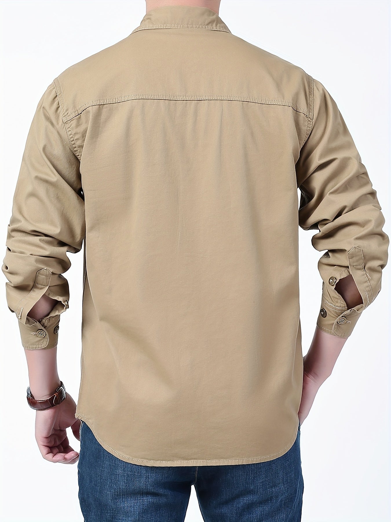 Cotton Comfy Solid Men's Cargo Style Long Sleeve Button Down Shirt With Flap Pockets, Spring Fall Thin Shirt Jacket NEXTRENDBAHRAIN