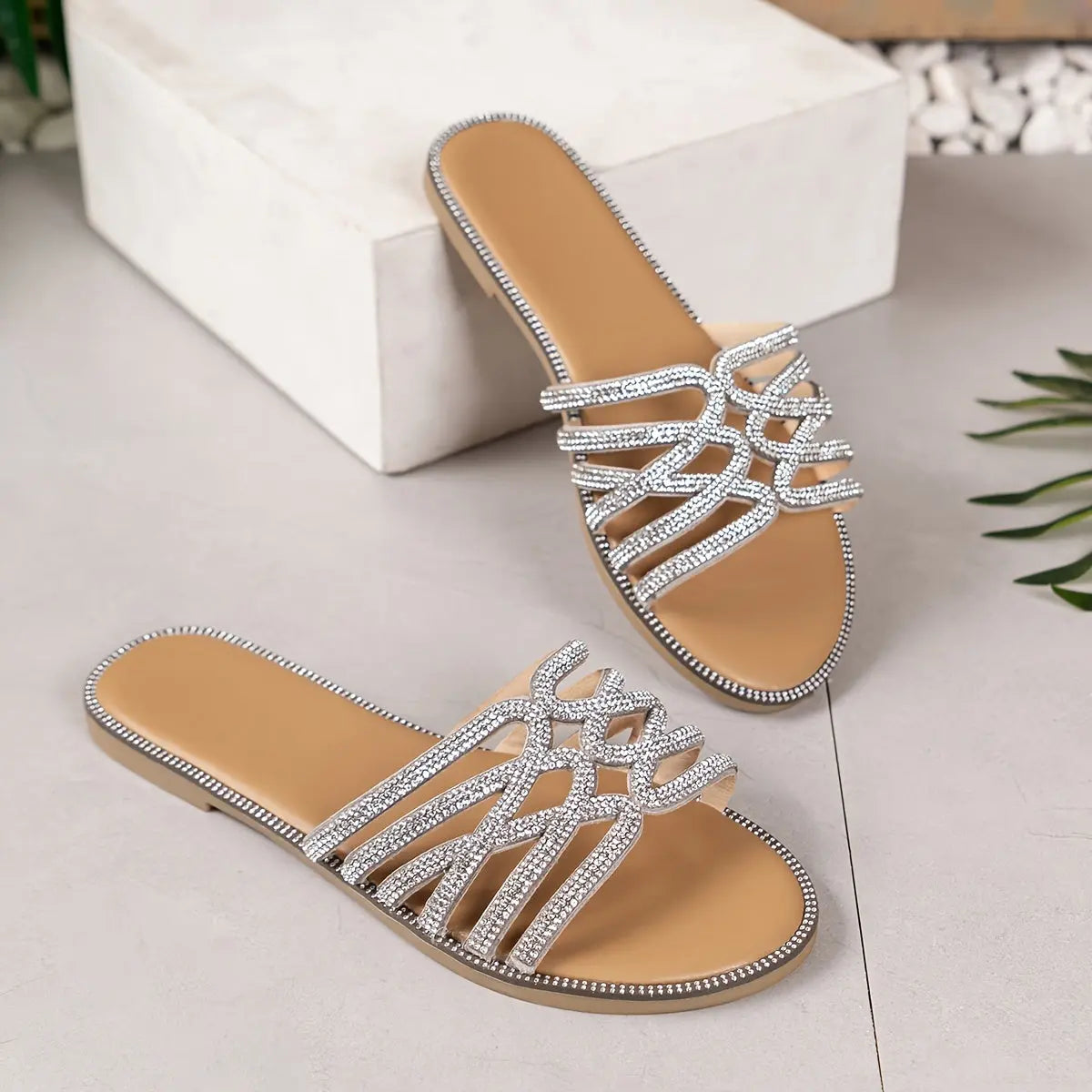 Women's Solid Color Glitter Sandals, Slip On Lightweight Flat Rhinestone Decor Slides, Summer Seaside Beach Slides - NEXTRENDBAHRAIN