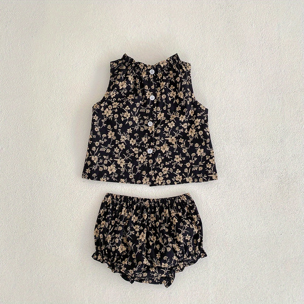 2pcs Baby Infant Girls Cute Floral Graphic Print Sleeveless Top & Shorts Set Clothes For Summer - NEXTRENDBAHRAIN